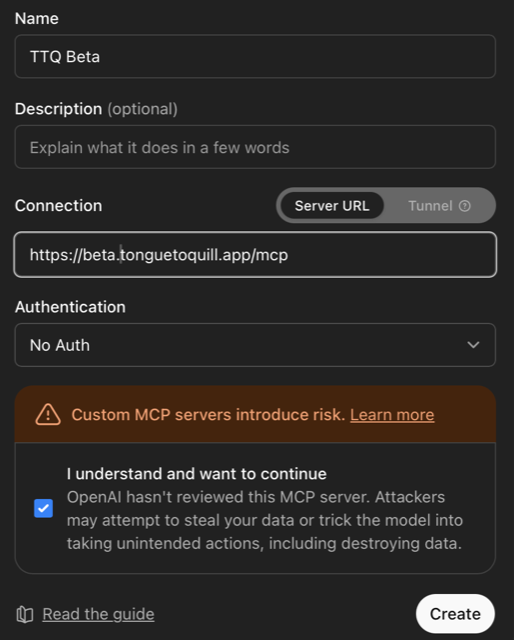 ChatGPT connector form filled in for TTQ Beta