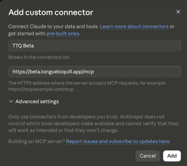 Claude Add custom connector dialog filled in for TTQ Beta
